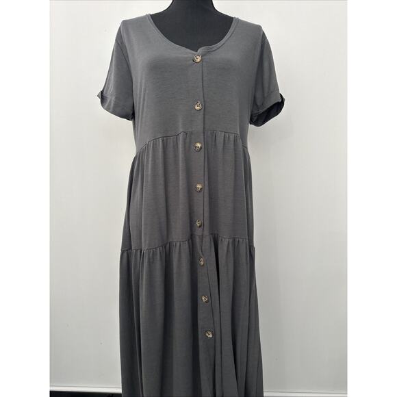 Anna Kaci Large V neck Short Sleeve Flowy Swing Cocktail Work Maxi Dress Gray - Picture 2 of 8